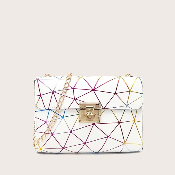 

Geometric Graphic Flap Chain Bag, White