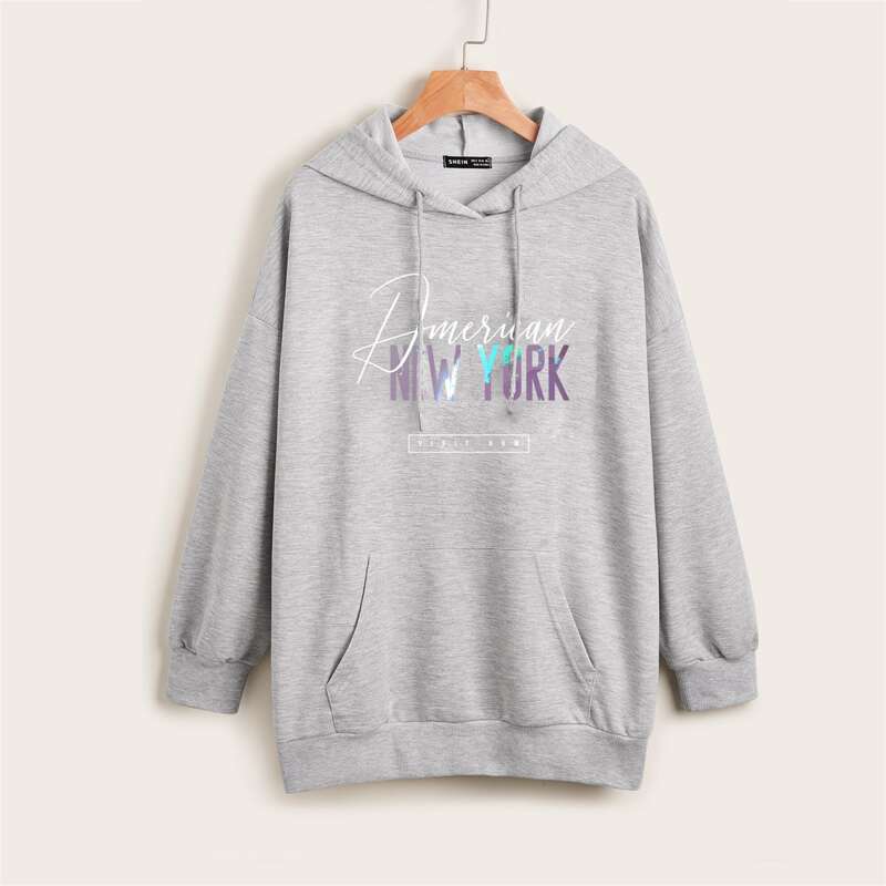 

Kangaroo Pocket Letter Graphic Oversize Drawstring Hoodie, Light grey