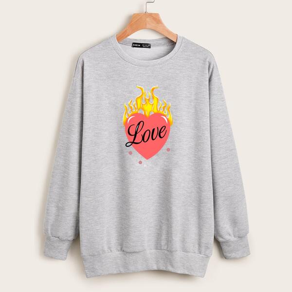 

Drop Shoulder Heart & Fire Print Pullover, Light grey