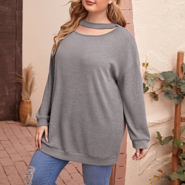 

Plus Choker Neck Drop Shoulder Sweatshirt, Grey