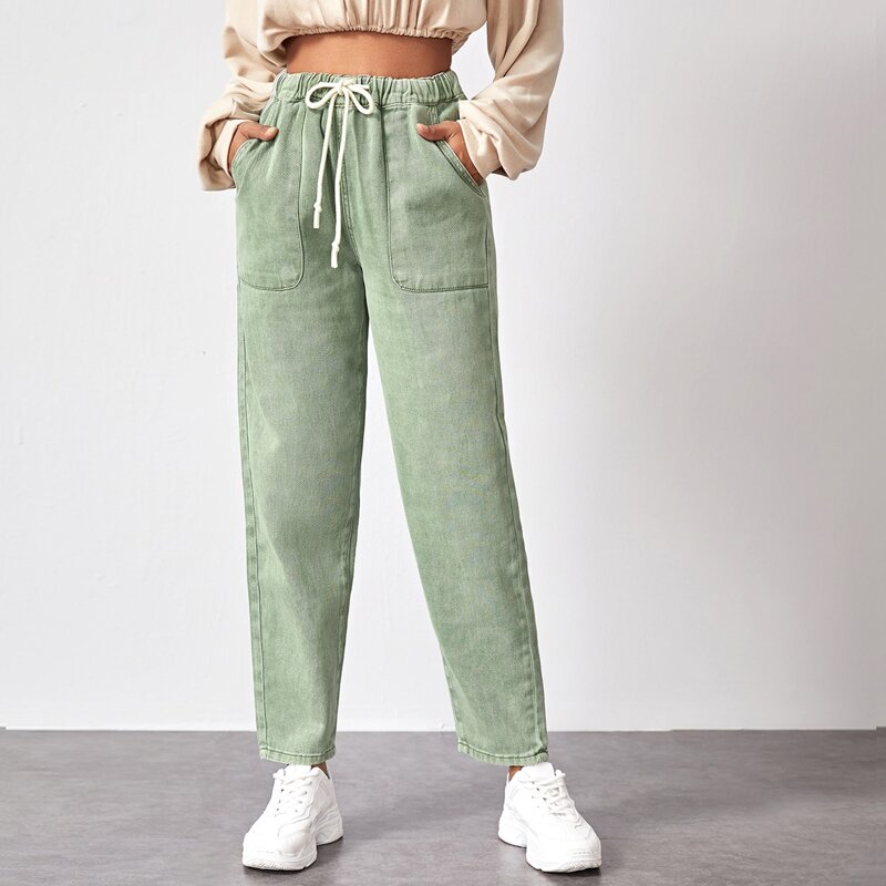 

Drawstring Waist Slant Pocket Mom Jeans, Pastel mint green