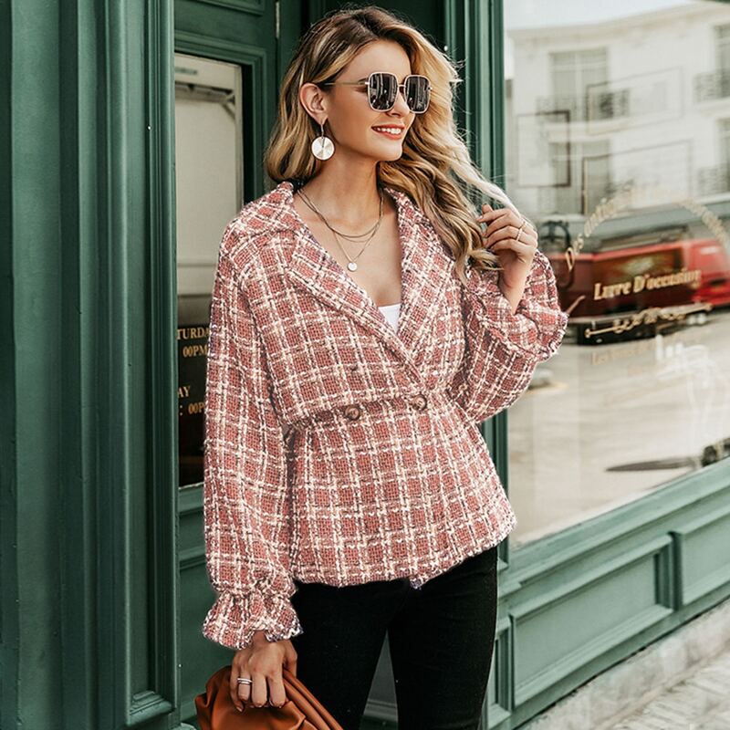 

Flounce Sleeve Button Placket Plaid Tweed Coat, Multicolor