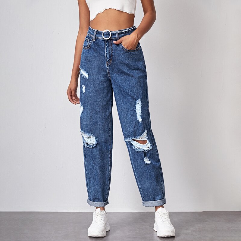 

High Waist Distressed Belted Jogger Jeans, Medium wash