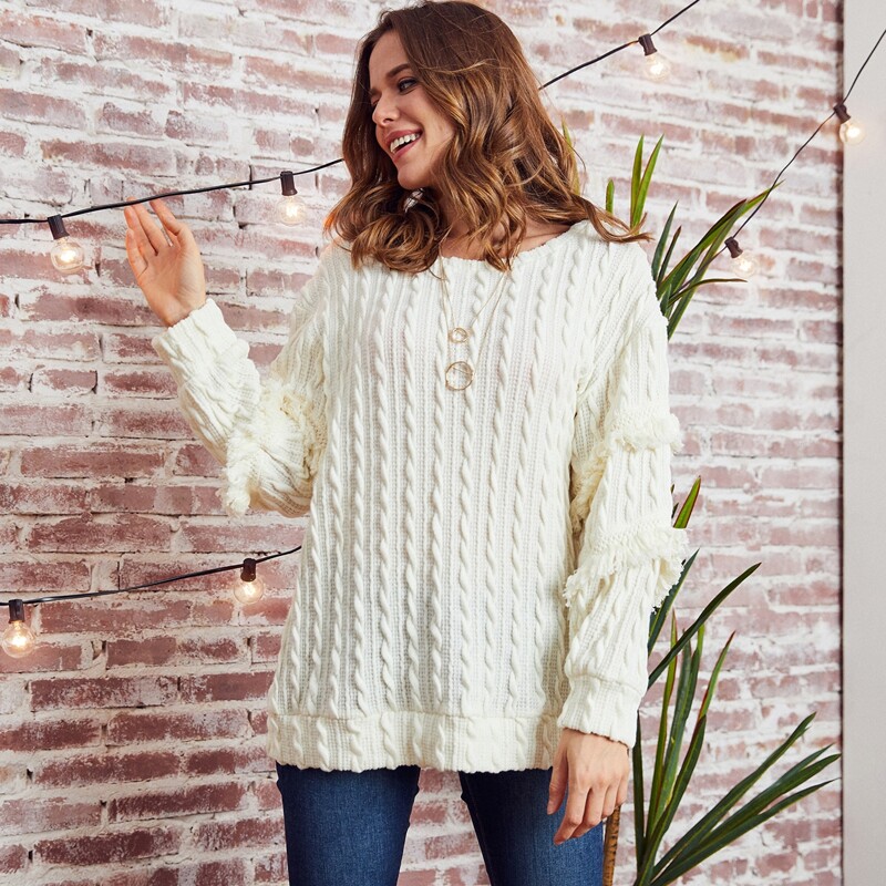 

LUUKSE Fringe Trim Cable Knit Pullover, Beige