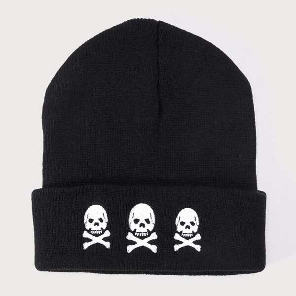 

Skull Embroidery Beanie, Black