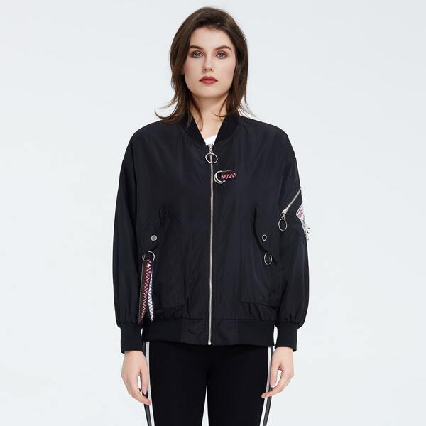 

Patched Detail Zipper Bomber Jacket, Black