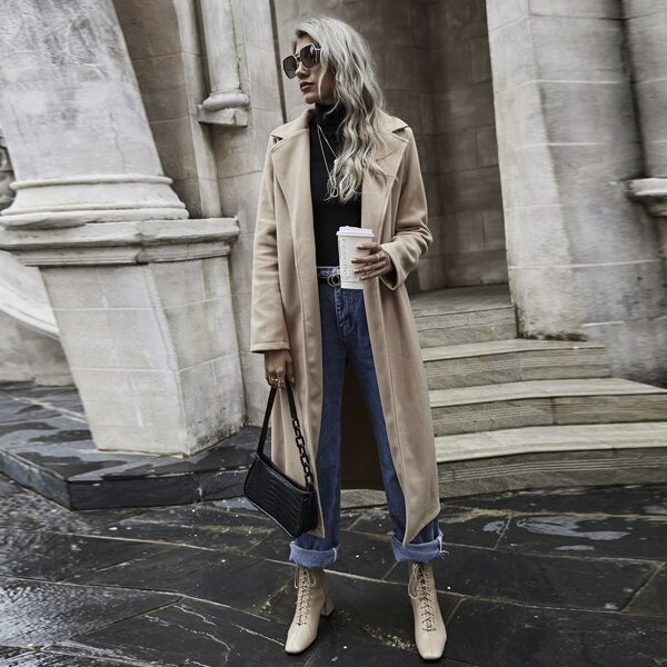

Lapel Collar Open Front Overcoat, Khaki