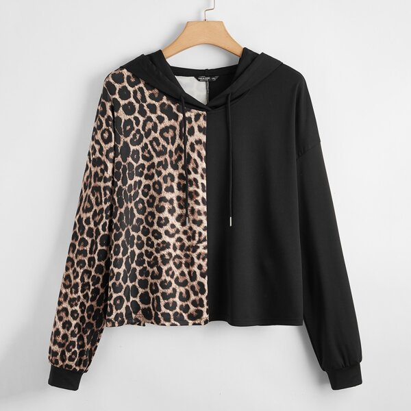 

Plus Leopard Colorblock Drawstring Hoodie, Multicolor