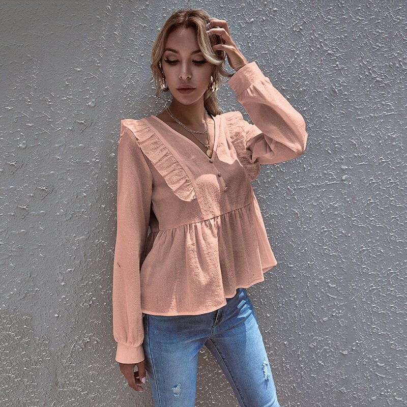 

Button Front Schiffy Trim Babydoll Blouse, Dusty pink
