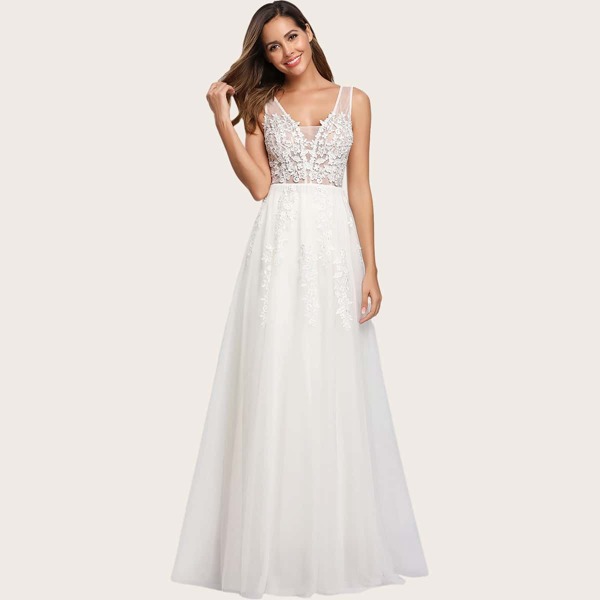 

Appliques Detail Mesh Prom Dress, White