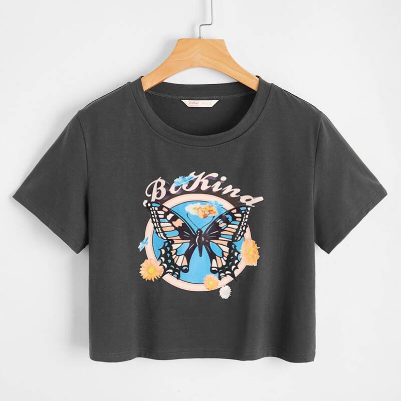 

Letter Butterfly & Flower Graphic Crop Tee, Dark grey