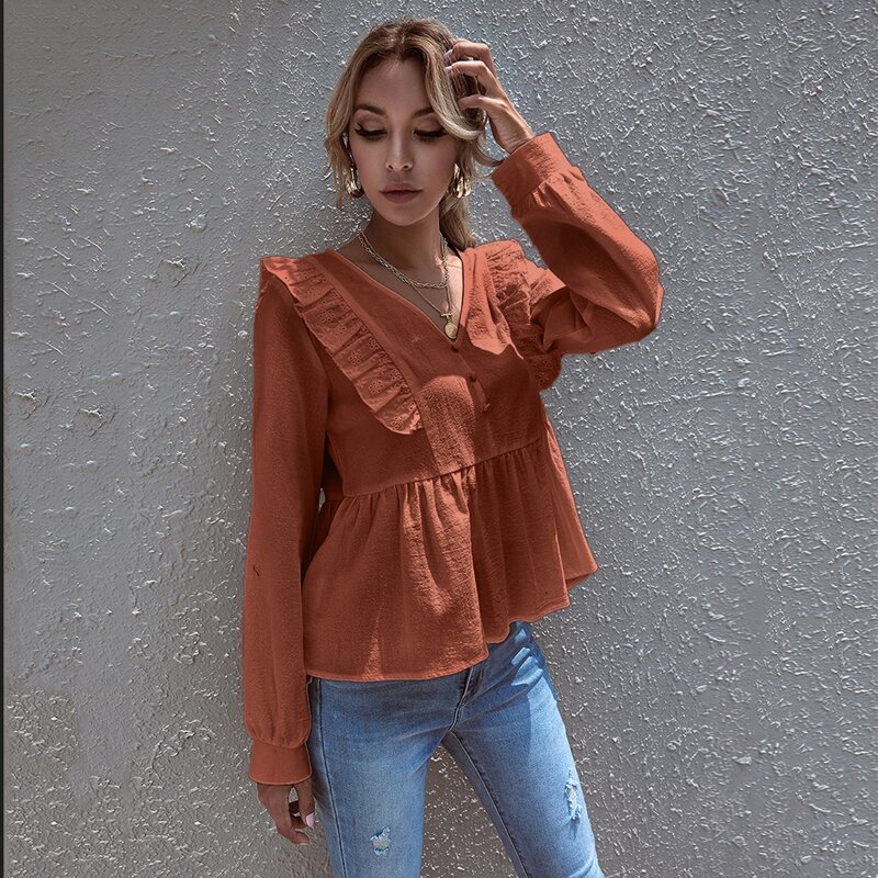 

Button Front Schiffy Trim Babydoll Blouse, Redwood
