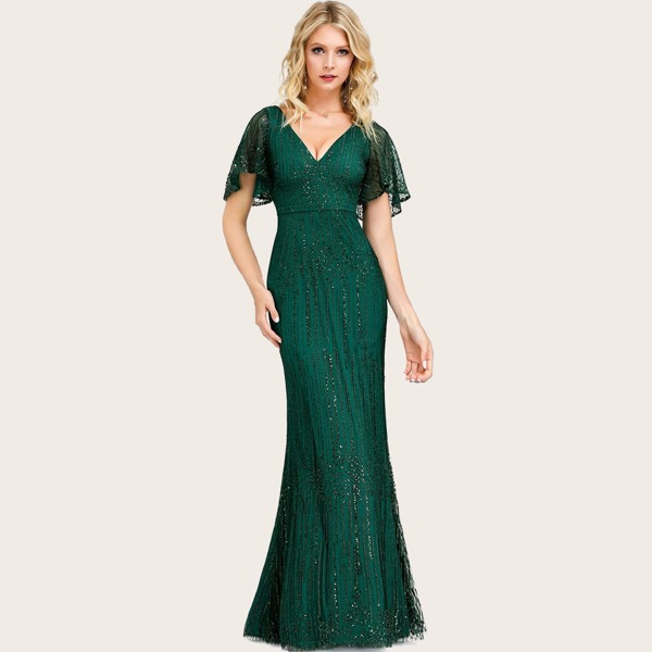 

Flutter Sleeve Glitter Mesh Fishtail Dress, Green