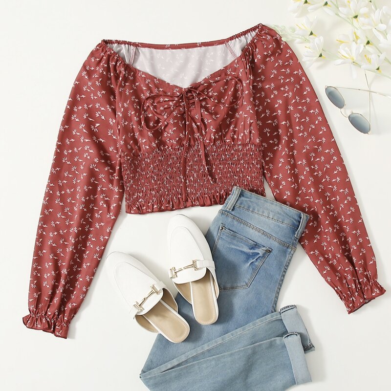 

Ditsy Floral Shirred Lettuce Trim Blouse, Redwood