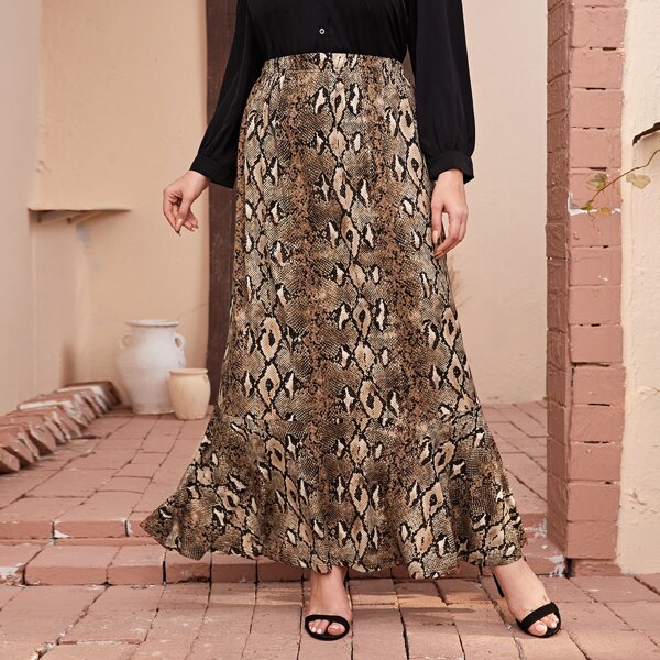

Plus Snakeskin Print Ruffle Hem Skirt, Multicolor