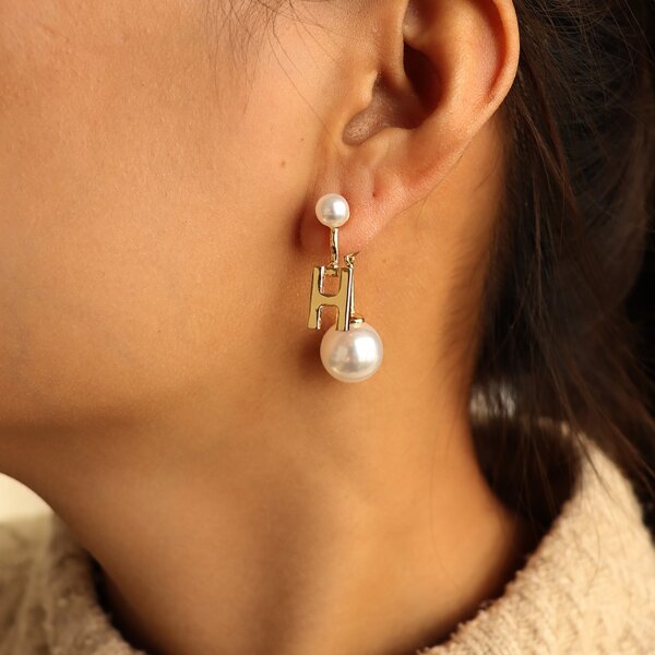 

Faux Pearl & Letter Drop Earrings, Gold
