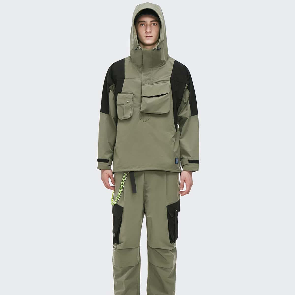 

Guys Color Block Flap Pocket Pants Without Chain, Army green