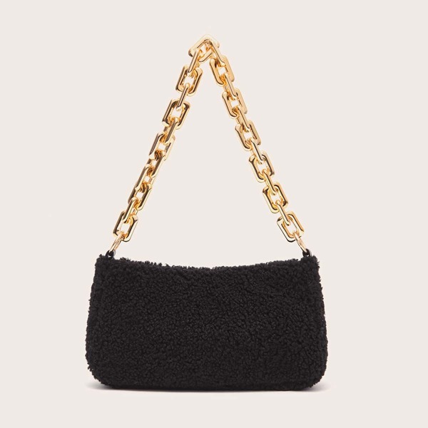 

Faux Shearling Chain Baguette Bag, Black