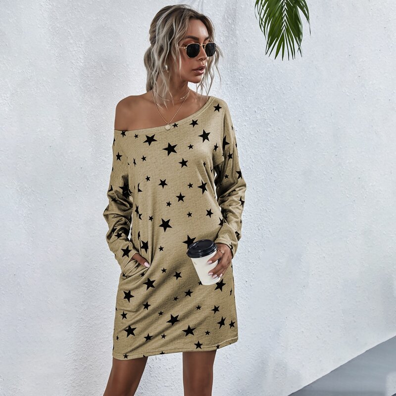 

Star Print Slant Pocket Tee Dress, Khaki