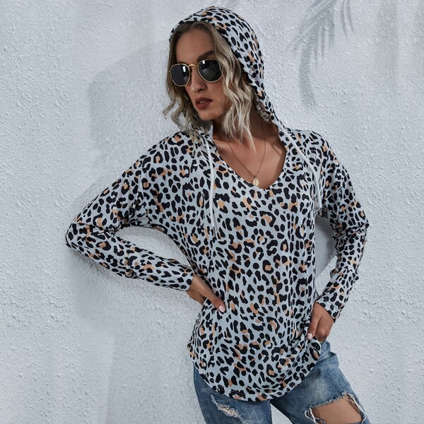 

Leopard Print Drawstring Hoodie, Multicolor