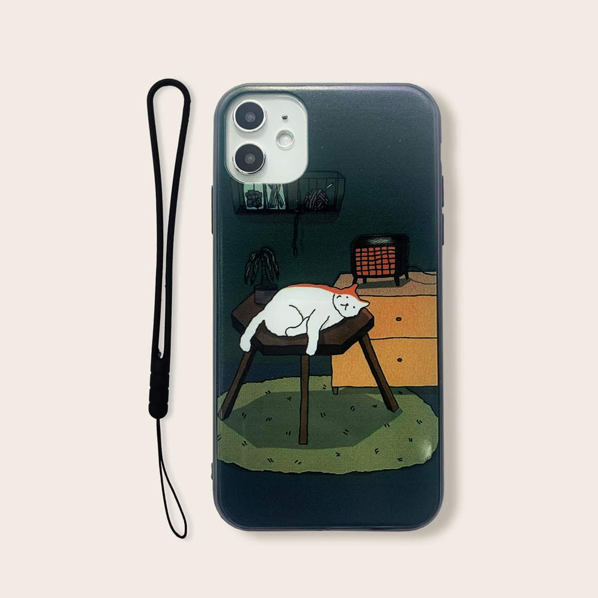 

Cartoon Cat Pattern iPhone Case With Lanyard, Multicolor