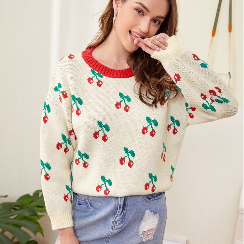 

Cherry Pattern Sweater, Beige