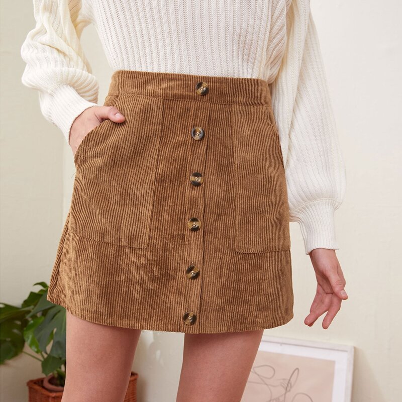 

Button Front Corduroy Skirt, Brown