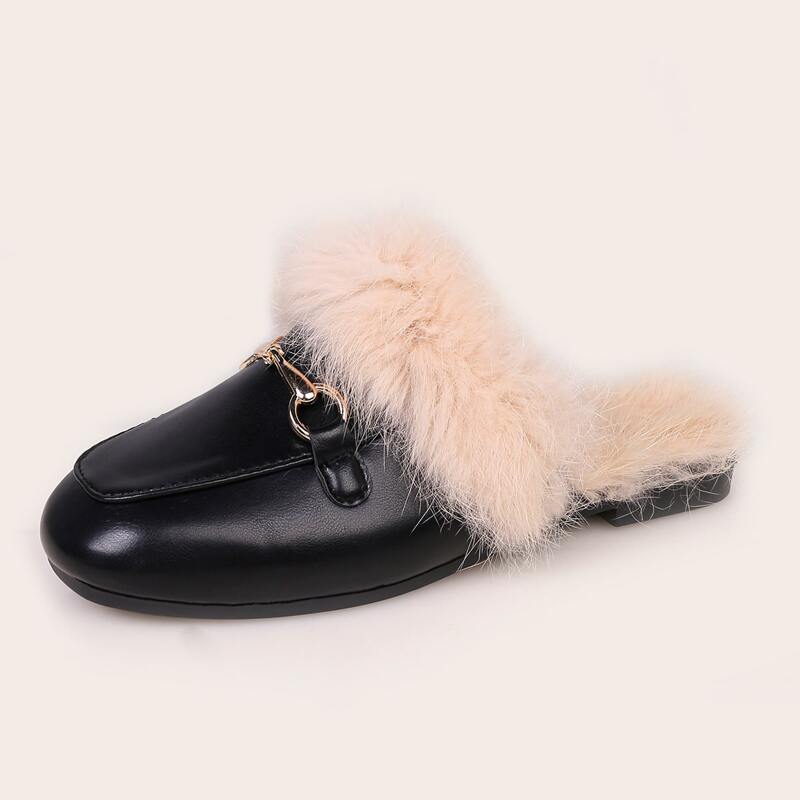 

Horsebit Decor Fluffy Flat Mules, Black