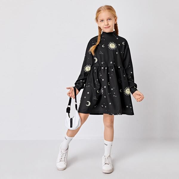 

Girls Mock Neck Galaxy Print Smock Dress, Black