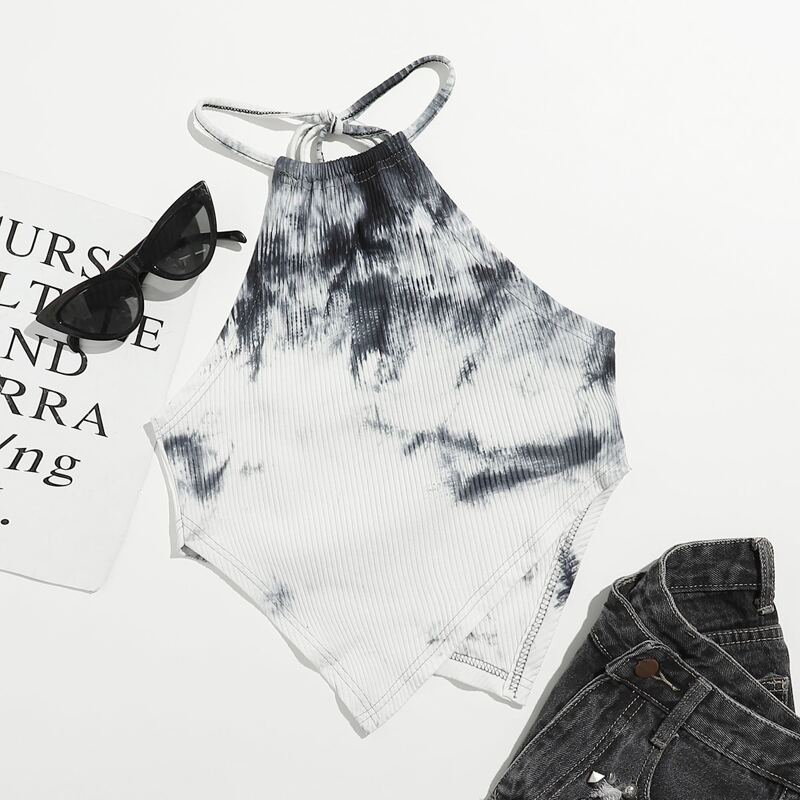 

Tie Dye Bandana Halter Top, Black and white