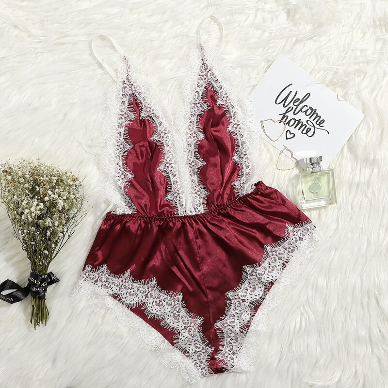 

Eyelash Lace Satin Teddy Lingerie, Burgundy