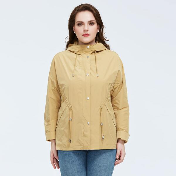 

Astrid Plus Drawstring Waist Slant Pocket Hooded Wind Jacket, Khaki