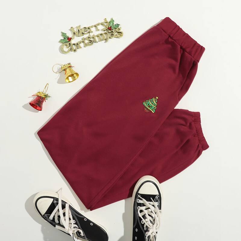 

Christmas Tree Embroidery Joggers, Burgundy