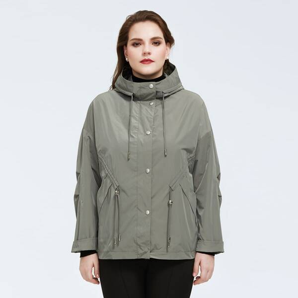 

Astrid Plus Drawstring Waist Slant Pocket Hooded Wind Jacket, Mint green