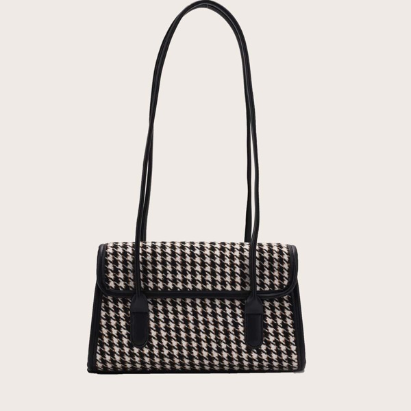 

Houndstooth Graphic Flap Shoulder Bag, Black