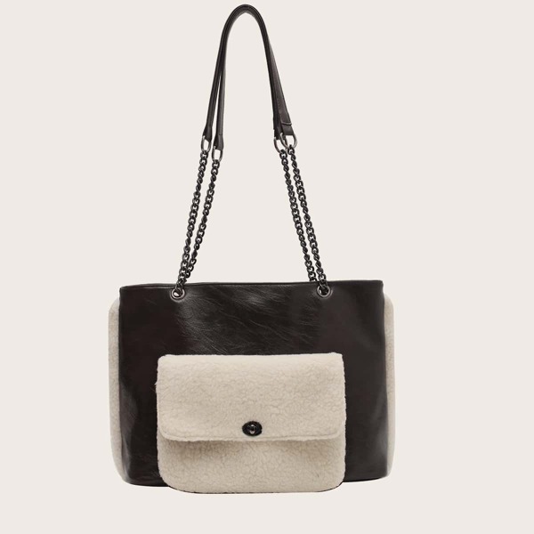 

Two Tone Tote Bag With Fluffy Crossbody Bag, Brown