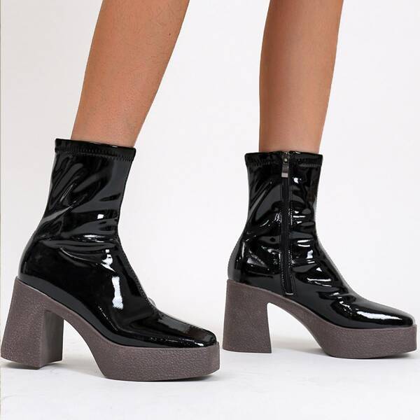 

Minimalist Side Zipper Chunky Heeled Boots, Black
