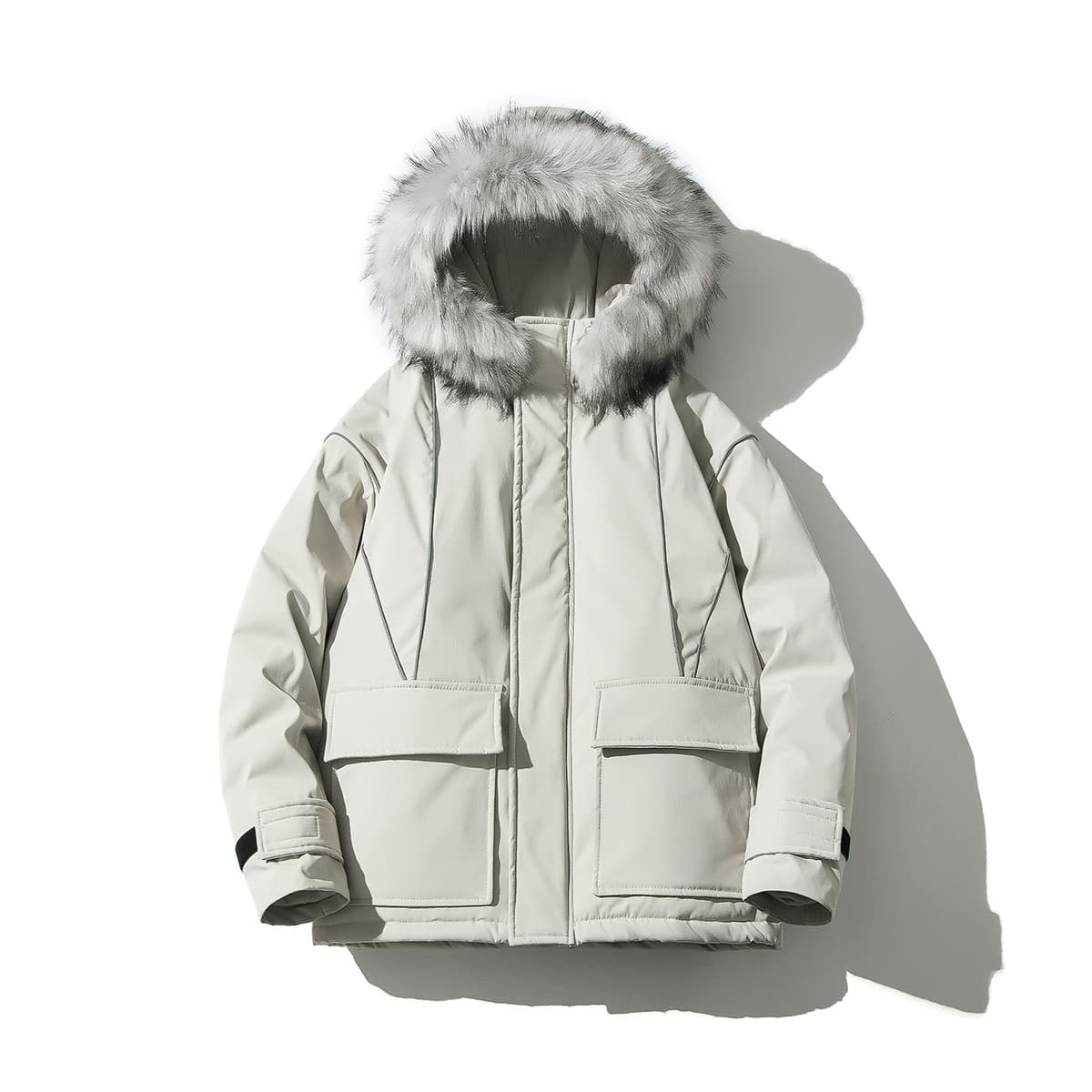 

Guys Contrast Faux Fur Flap Pocket Parka Coat, Light grey
