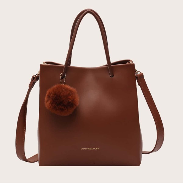 

Pom Pom Decor Satchel Bag, Brown