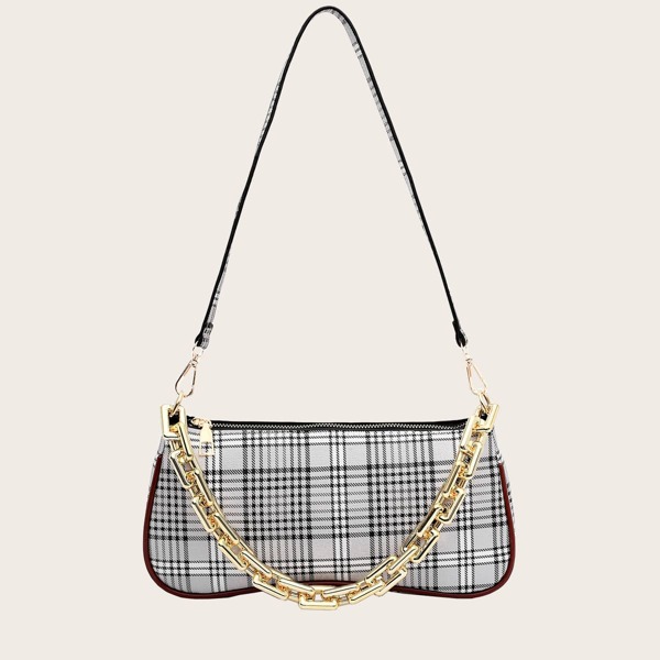 

Plaid Pattern Chain Baguette Bag, Multicolor