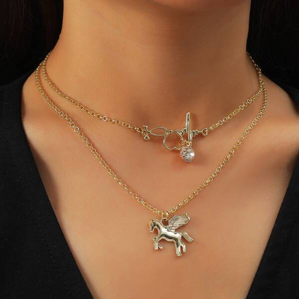 

Horse Charm Layered Necklace, Gold