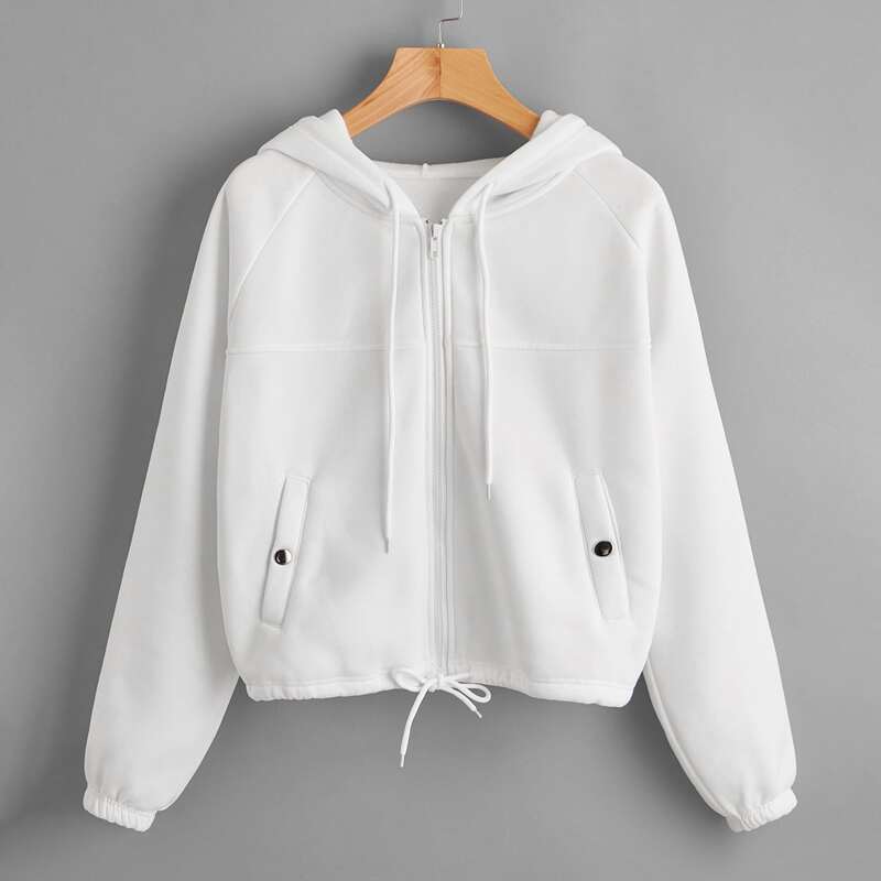 

Solid Zip Up Drawstring Jacket, White