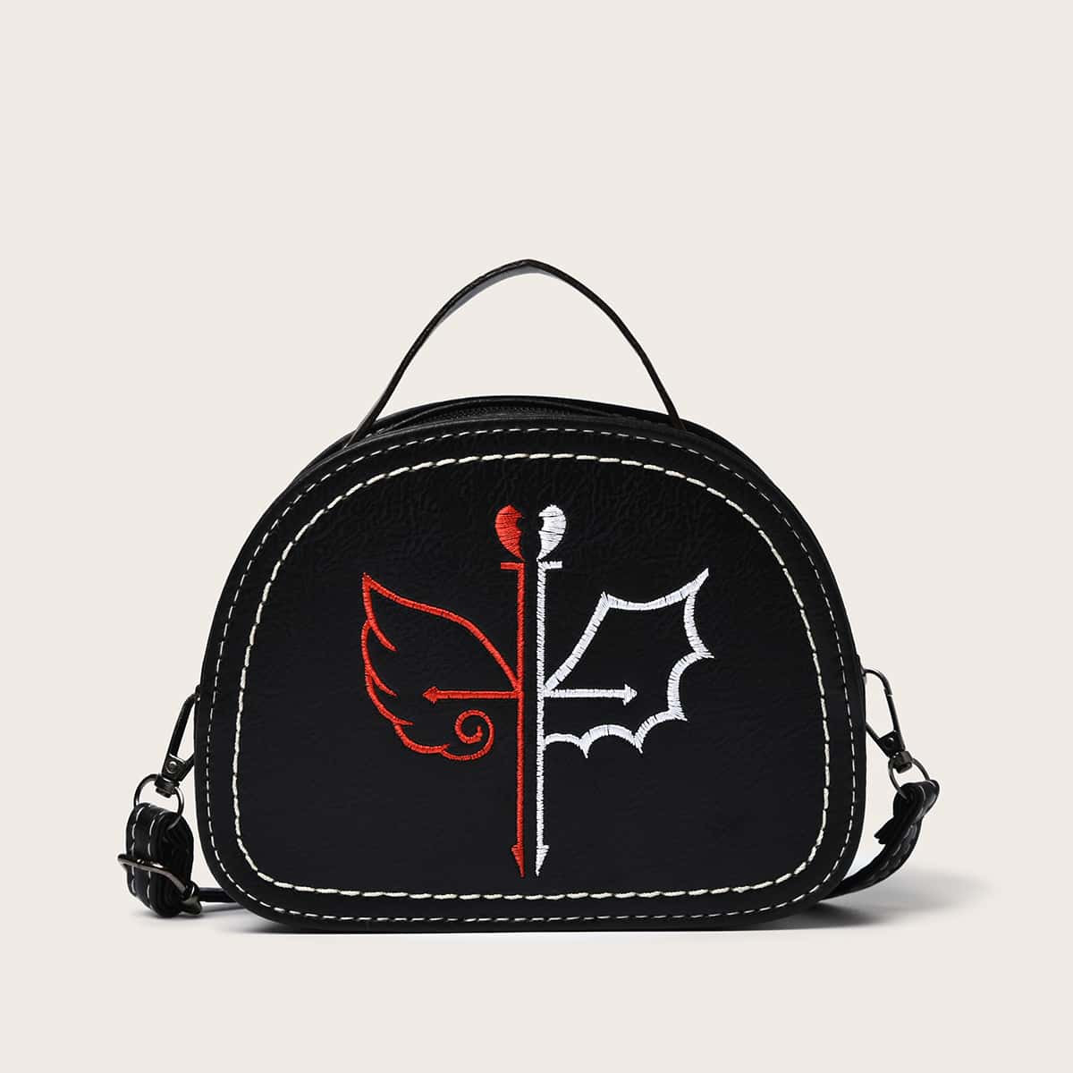 

Wing Embroidered Satchel Bag, Black