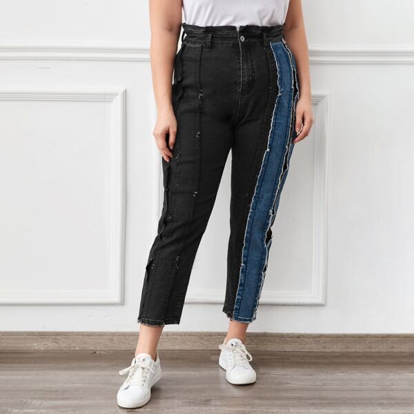 

Plus Paperbag Waist Spliced Cropped Jeans, Black
