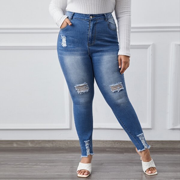 

Plus Non Stretch Slant Pocket Ripped Skinny Jeans, Medium wash