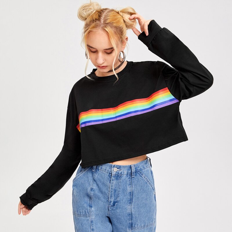

Rainbow Stripe Crop Tee, Black
