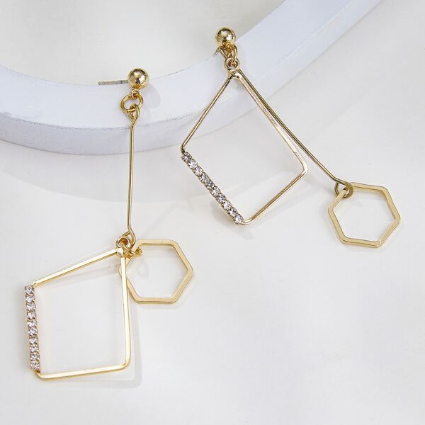 

Rhinestone Decor Geo Mismatched Drop Earrings, Gold