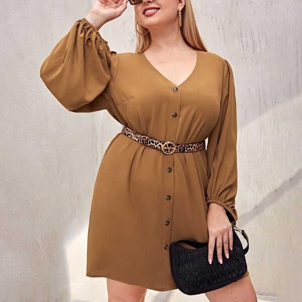 

Plus Lantern Sleeve Button Up Dress Without Belt, Brown