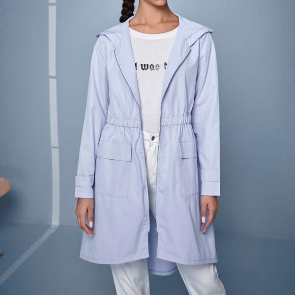 

Elastic Waist Flap Pocket Hooded Coat, Lilac purple