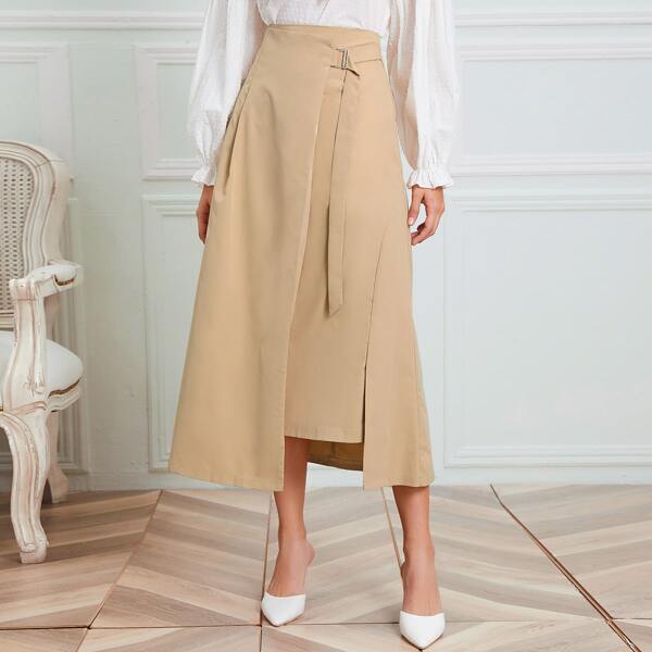 

Buckle Detail Solid Asymmetrical Skirt, Khaki